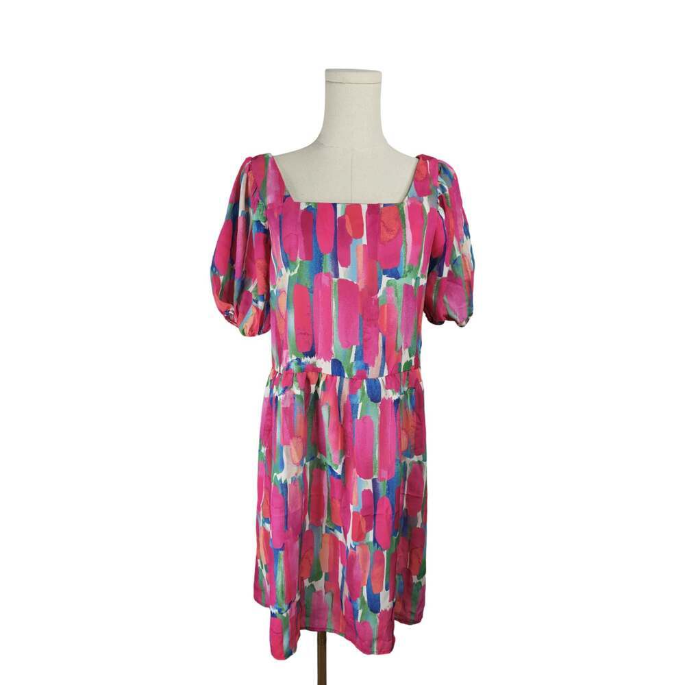 BiB! Women's Size S Pink Multi-Color Abstract Puff Sleeve Square Neck Dre